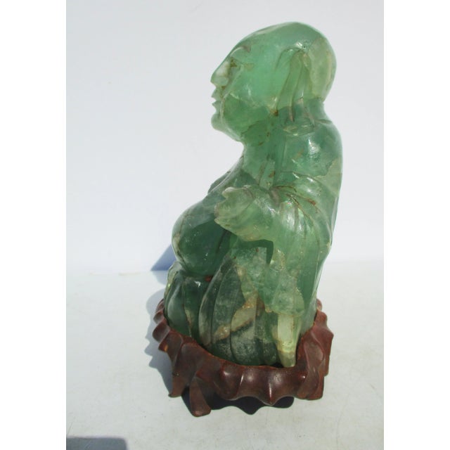 Stone Vintage Chinese Fluorite Hotei Buddha on Wooden Stand For Sale - Image 7 of 12