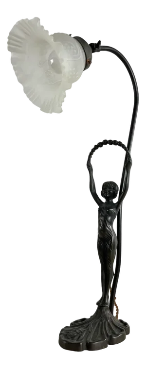 Table Lamp with Art Deco Bronze Statuette and White Art Glass Tulip Bowl, France, 1940s