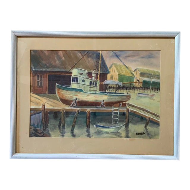 1995 Watercolor Painting of a Tugboat Moored at a Wharf Signed by Teri Pall For Sale