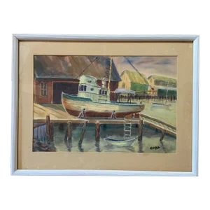 1995 Watercolor Painting of a Tugboat Moored at a Wharf Signed by Teri Pall