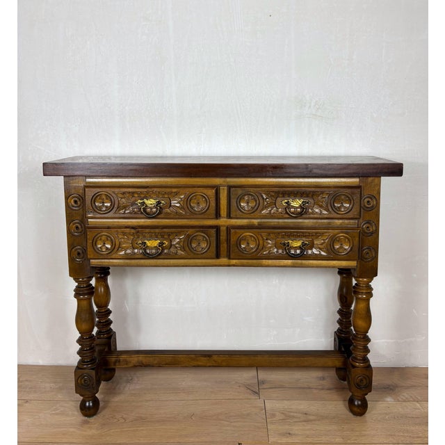 Spanish Renaissance Revival Walnut Console Table with Four Carved Drawers, 1930s For Sale - Image 3 of 11
