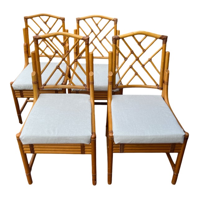 Vintage Set of 4 Chinese Chippendale Bamboo Dining Chairs With Lattice Backs For Sale
