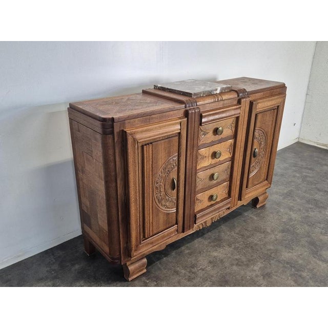 1930s Art Deco Sideboard in Carved Oak with Marble Top, 1930s For Sale - Image 5 of 9