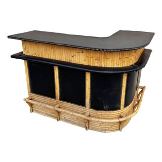 1950s Restored Stacked Front Stacked L Shaped Rattan Bar W/ Nailhead Naugahyde Top For Sale