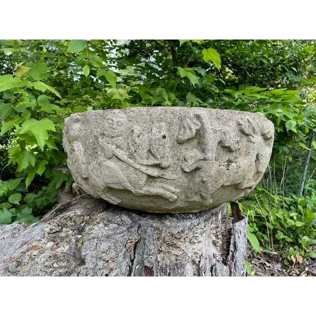 Large Antique Stone Planter With Medieval Hunting Scene For Sale - Image 4 of 13