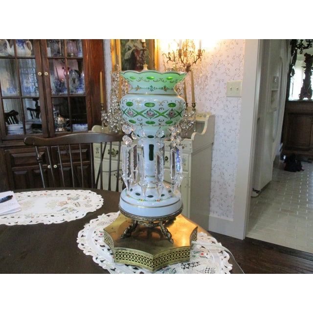 1920s Antique Moser Bohemian Czech Cut to Green Enamel Serpent Feet Luster Lamp W./ 10 Large Prisms For Sale - Image 5 of 11
