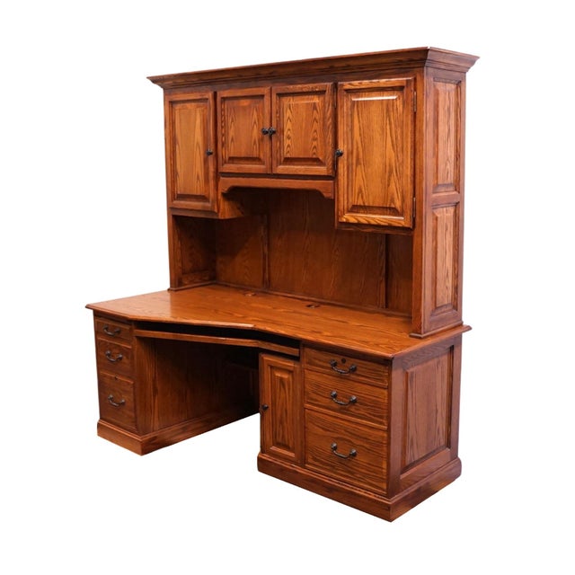 WINNERS ONLY Solid Oak Rustic Early American Country Style 74" Computer Desk w. Cabinet Storage Top 80" High 74" Wide 37"...