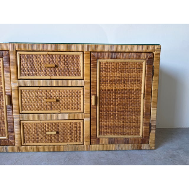 Vintage Coastal Woven Rattan Wrapped Cabinet With Wood Trim & Glass For Sale - Image 4 of 12