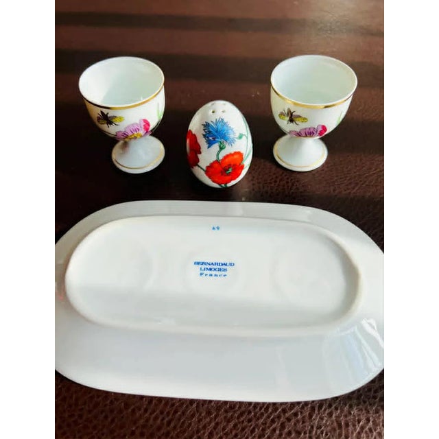 1980s Gucci Bernardaud Limoges Floral & Butterfly Print Porcelain Egg Cup and Salt Shaker Set, Made in France - 4 pcs For Sale - Image 9 of 10