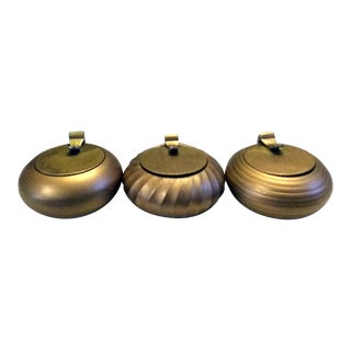 Mid 20th Century India Coordinating Round Brass Candleholders With Lids- Set of 3 For Sale