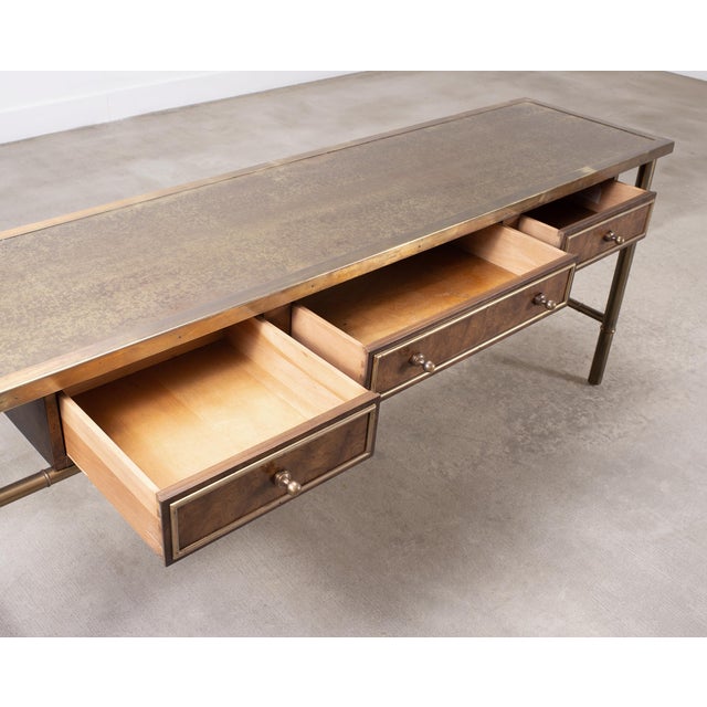 Mastercraft Etched Bronze Burlwood Console or Writing Desk 6 Ft For Sale - Image 13 of 18