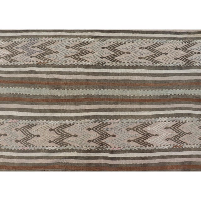Mid 20th Century Turkish Flat-Weave Kilim in Muted Colors With Stripes and Embroideries For Sale - Image 5 of 10