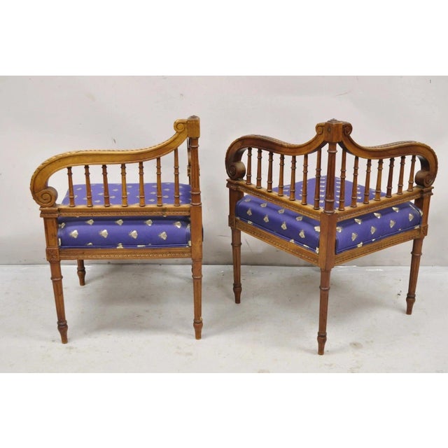 Antique French Louis XVI Style Carved Walnut Lyre Harp Corner Lounge Chair Pair For Sale - Image 10 of 12