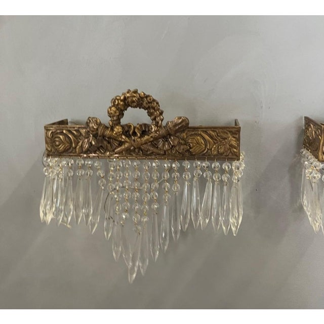 1980s Vintage Gold and Crystal Wall Sconces - a Pair For Sale - Image 5 of 5
