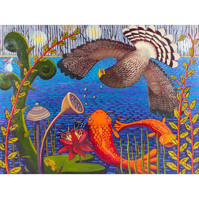A 2018 oil on canvas painting, titled "Hawk Beware," by the American artist Karen Holtzclaw. This painting depicts a scene...