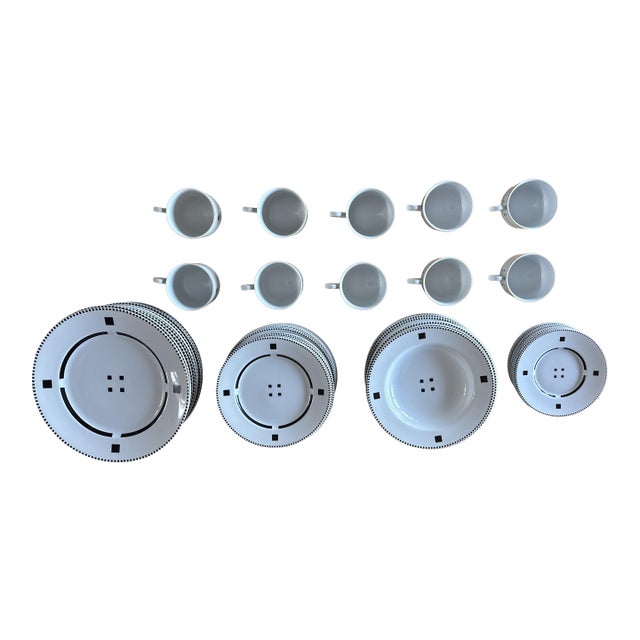 1980s Rare 54-Piece Swid Powell Tuxedo Porcelain Set, Dinner Service for 11 For Sale
