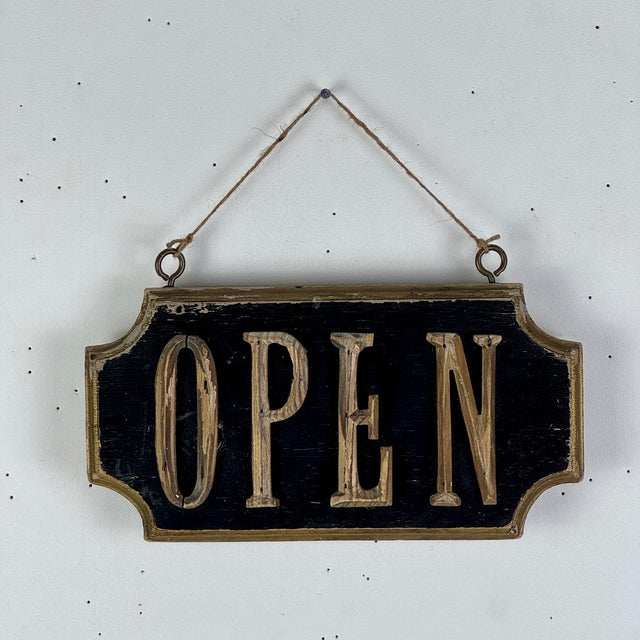 Small Vintage "Open" Double Sided Wood Sign With Scalloped Edges & Raised Letters For Sale In New York - Image 6 of 9