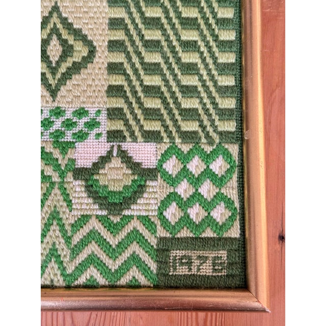 Vintage 1976 Needlepoint Sampler in Shades of Green With Original Gold Frame, Artist Signed For Sale - Image 4 of 12