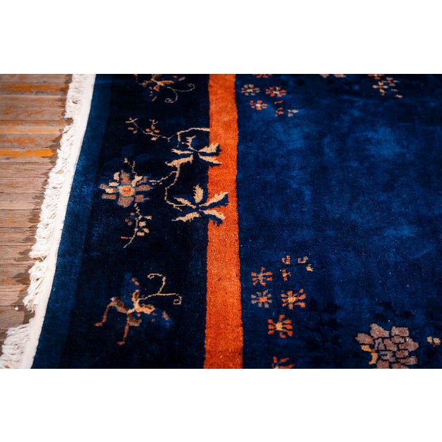 1920s Traditional Blue Open Field Floral Bird Knotted Antique Chinese Peking Rug For Sale - Image 4 of 10