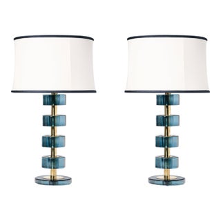 Italian Brass and Blue Murano Glass Lamps - a Pair For Sale