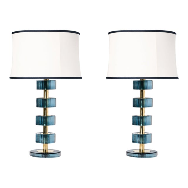 Italian Brass and Blue Murano Glass Lamps - a Pair For Sale