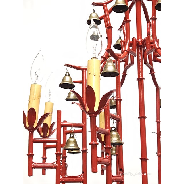 Offered for your consideration is a Massive Vintage Italian Tole Red Faux Bamboo Birdcage Chandelier with Brass bells. The...