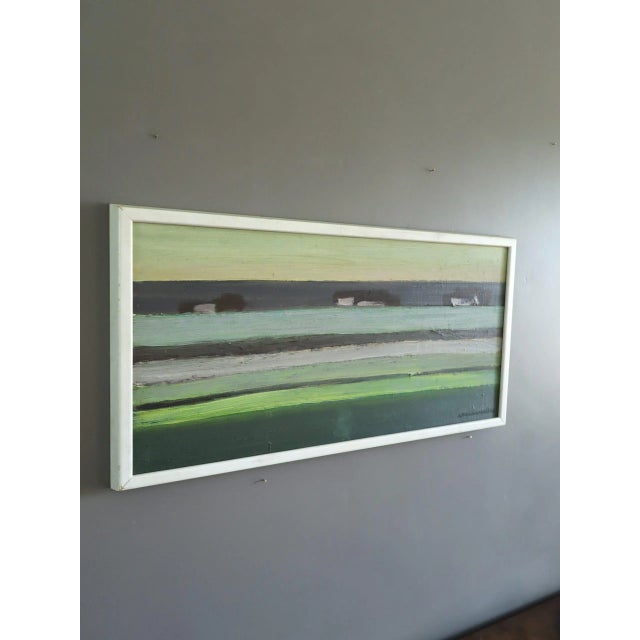 1970 Modernist 'Houses on the Horizon' Original Vintage Swedish Abstract Landscape Oil Painting, Framed For Sale - Image 4 of 11