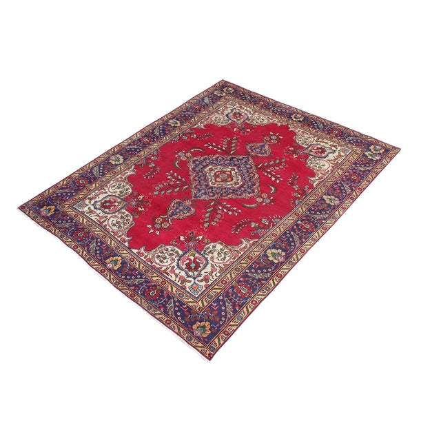 Shabby Chic Vintage Shabby Chic Tabriz Red/Blue Wool Rug - 6'9'' X 9'5'' For Sale - Image 3 of 9
