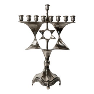 Mid-Century Silver-Plated Hanukkah Menorah with Rotating Star of David, 1960s For Sale