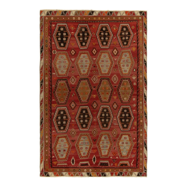 1950s Vintage Turkish Kilim Rug in Red, Beige-Brown and Blue Tribal Geometric Patterns For Sale