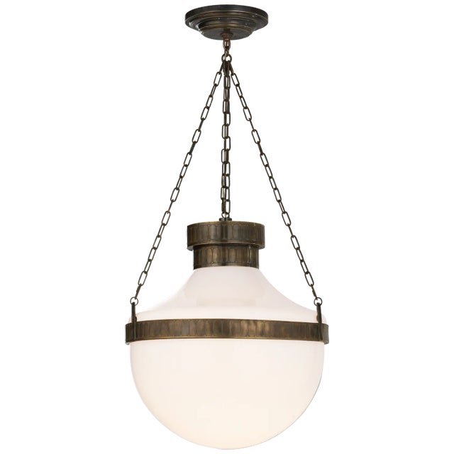 Michael S Smith for Visual Comfort Signature Modern Schoolhouse Lantern in Antique Brass Verdigris with White Glass For Sale