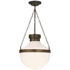 Michael S Smith for Visual Comfort Signature Modern Schoolhouse Lantern in Antique Brass Verdigris with White Glass
