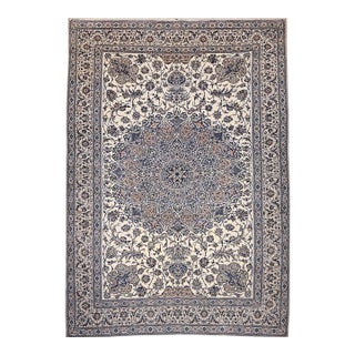 Vintage Exceptionally Fine Persian Nain Area Rug, Hand-Knotted Wool & Silk, Floral Pattern, 7x11, Ivory & Blue For Sale