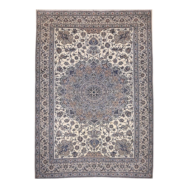 Vintage Exceptionally Fine Persian Nain Area Rug, Hand-Knotted Wool & Silk, Floral Pattern, 7x11, Ivory & Blue For Sale