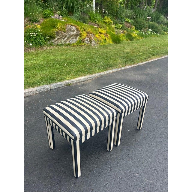 Wood Pair of Striped Square Ottomans in the Style of Billy Baldwin For Sale - Image 7 of 12