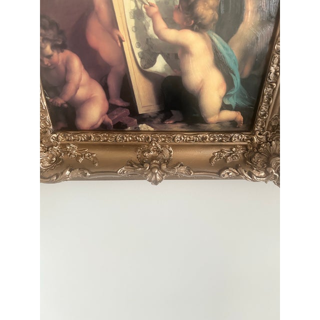 1990s Beautiful Vintage Oil Painting on Canvas of Cherubs in Ornate Gold Wood Frame For Sale - Image 5 of 8
