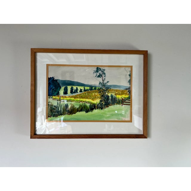 70's Vintage Wieden Landscape - Farm Land Watercolor Painting, Framed For Sale - Image 13 of 13