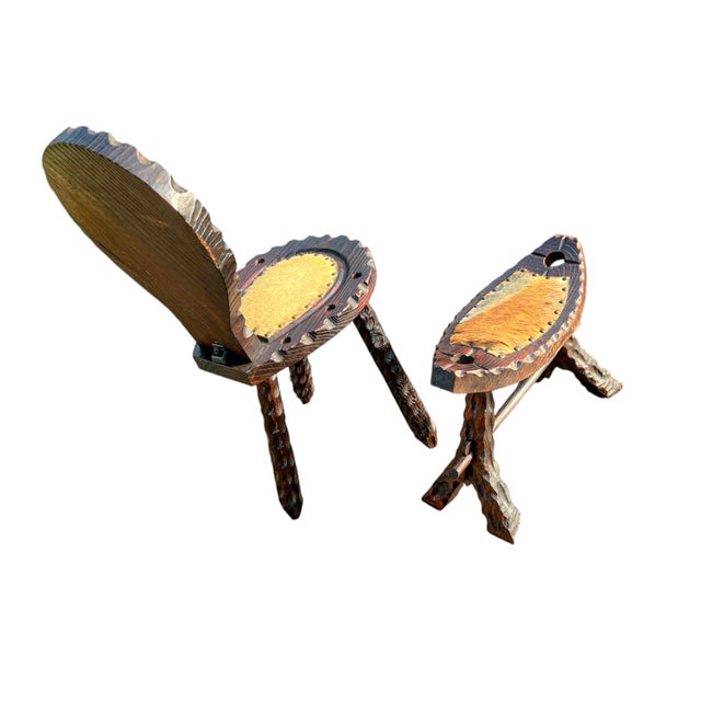 Set of Spanish Tripod Birthing Chair and Ottoman with Goatskin, 1960s For Sale - Image 4 of 12