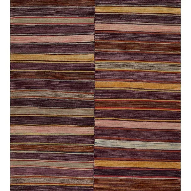 This remarkable contemporary Scandinavian Style Kilim area rug features a dramatic pop of electrifying colors in a...
