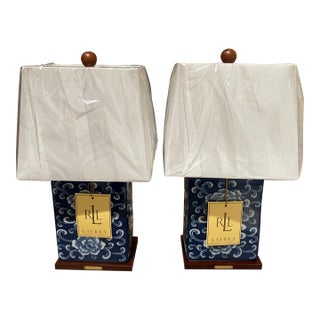 New Ralph Lauren Chinoiserie Cobalt Blue & White Porcelain Table Lamps - A Pair For Sale