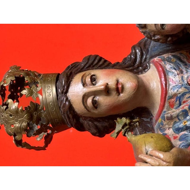 Spanish Virgin and Child in Polychrome Wood on Cloud with Cherubs For Sale - Image 9 of 12