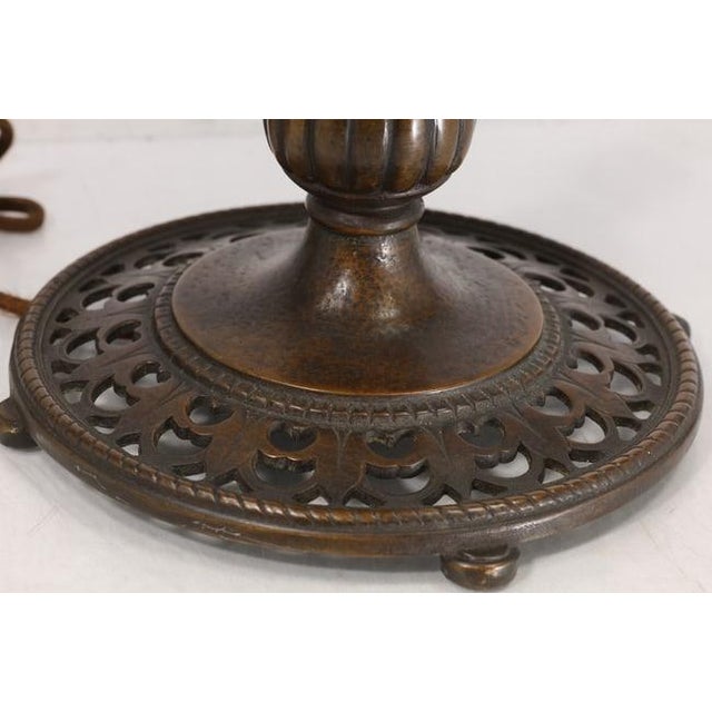 1910s Signed Oscar Bach Bronze 2-Light Table Lamp With Quality Art Glass Shades, Good Patina For Sale - Image 12 of 15