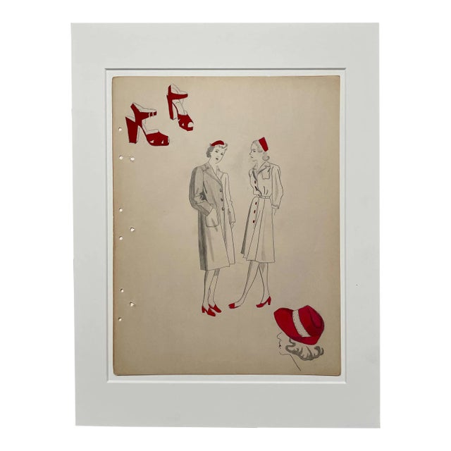 Early 1940s Fashion Study in Red, Featuring Shoes & Hats For Sale