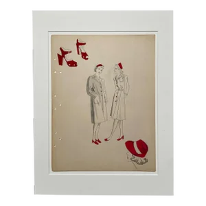 Early 1940s Fashion Study in Red, Featuring Shoes & Hats