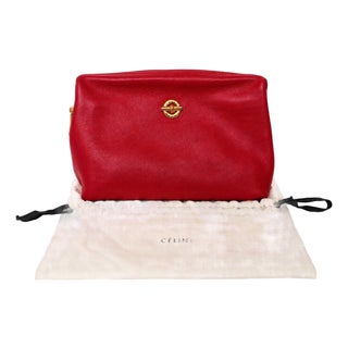 Vintage Celine Red Leather Vanity Case / Cosmetic Clutch With Gold Hardware For Sale