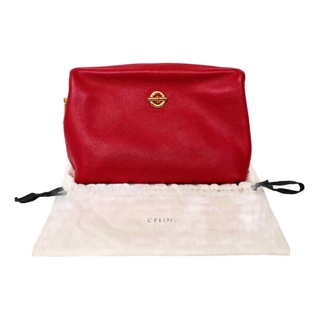 Vintage Celine Red Leather Vanity Case / Cosmetic Clutch With Gold Hardware For Sale