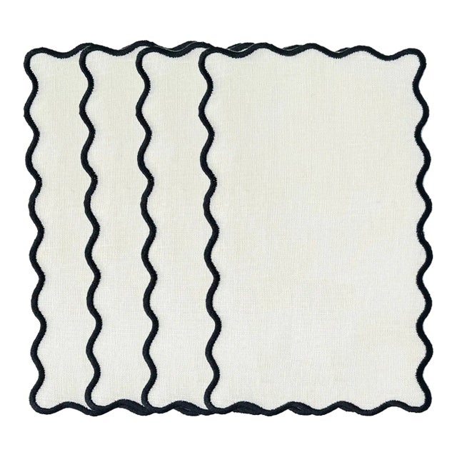 Squiggle Scallop Rectangle Cocktail Napkins in Cream and Black - Set of 4 For Sale