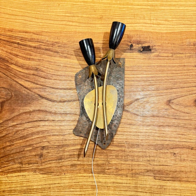 Aged Brass Floral Design Italian Mid Century Wall Sconce. Width 5.5” Height 13.5” Projection 3.5” 2 E14 Sockets with...