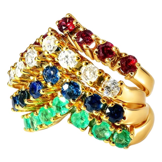Late 20th Century 14K Diamond Ruby Emerald Sapphire Stacking Set Band Ring, Size 7 For Sale