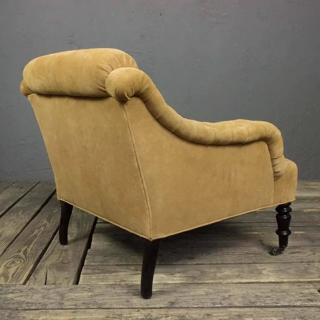 French 19th Century Tufted Suede Armchair With Purple Buttons For Sale - Image 9 of 11